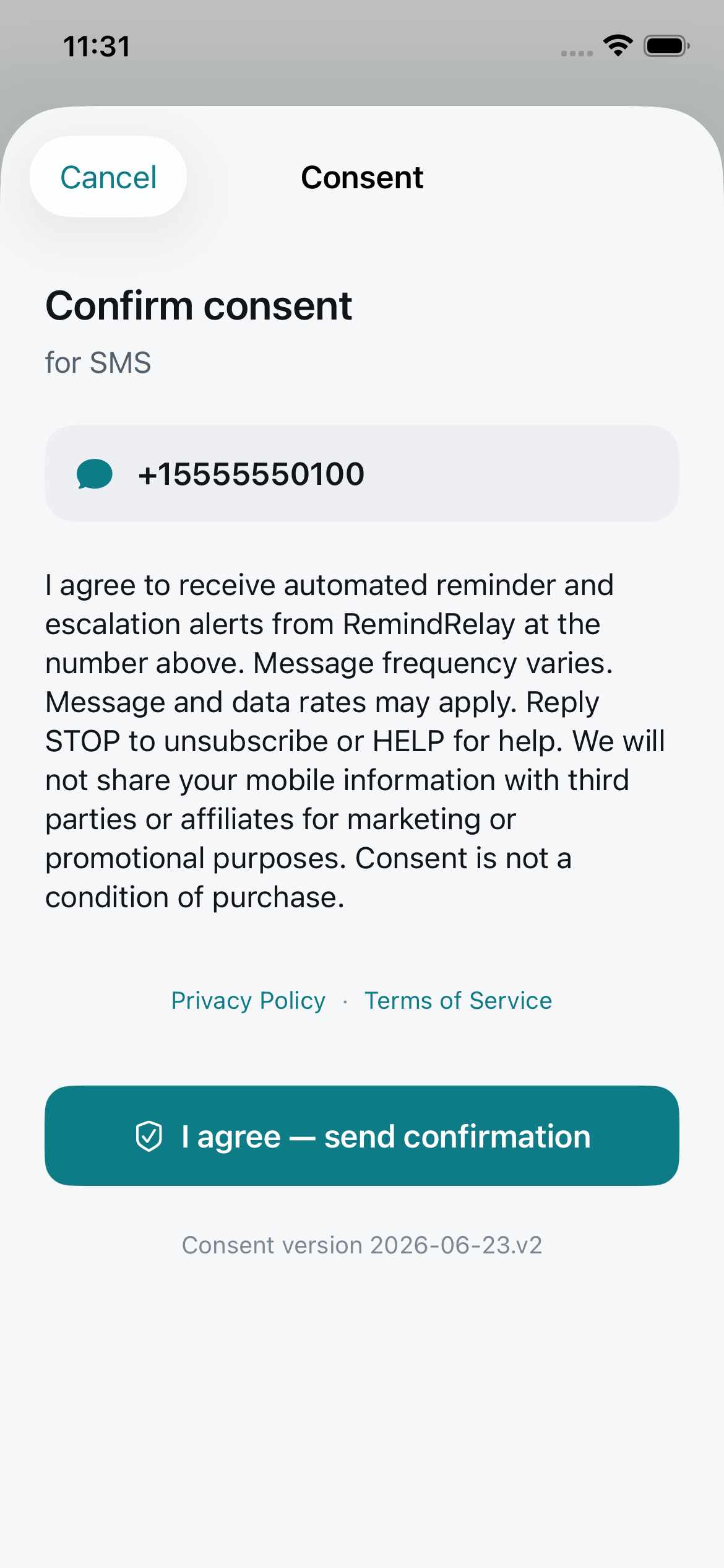 The RemindRelay in-app SMS consent screen, showing the phone number, the full consent disclosure text, an 'I agree — send confirmation' button, and the consent version.